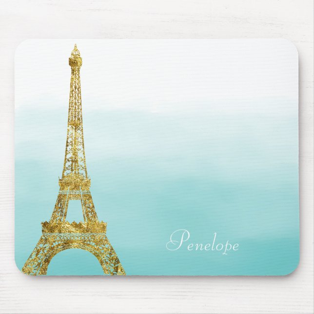 Goldbezauberndes Eiffelturm-Aqua Ombre Aquarell Mousepad (Vorne)