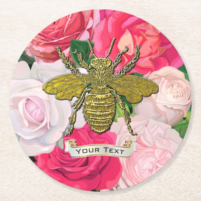 Goldbienen und Rose personalisieren Runder Pappuntersetzer (Vorderseite)