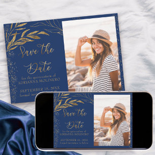 Goldblatt und Kalligrafie Königlich Blau Foto Save The Date