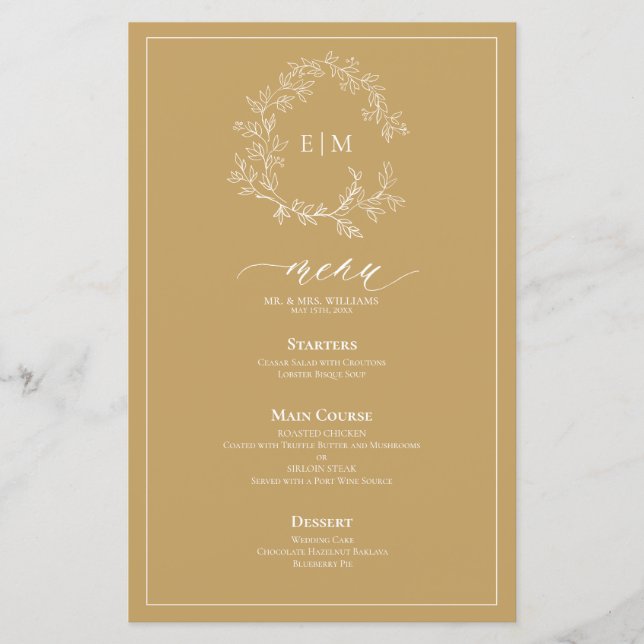 Goldblättriges Wappen Monogram Wedding Menu (Vorderseite)