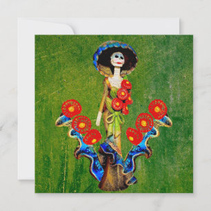 Goldblau-antike Catrina über grün gewaschenem Boho Karte