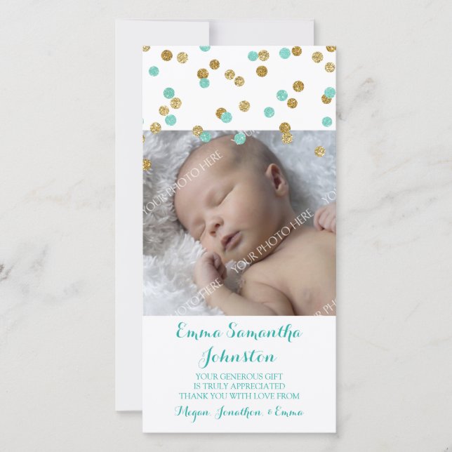 Goldblau dankt Ihnen Baby-Duschen-Foto-Karten Dankeskarte (Vorderseite)