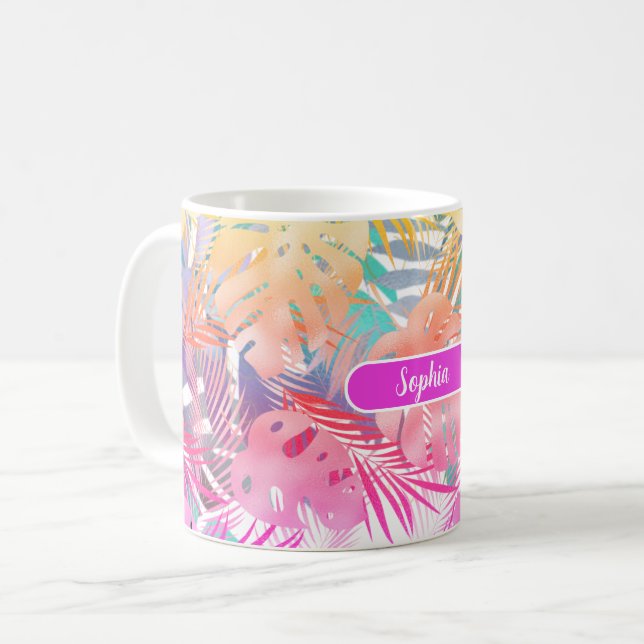 Goldblaue Aquamarine und rosa tropische Blätter, w Kaffeetasse (Vorderseite Links)