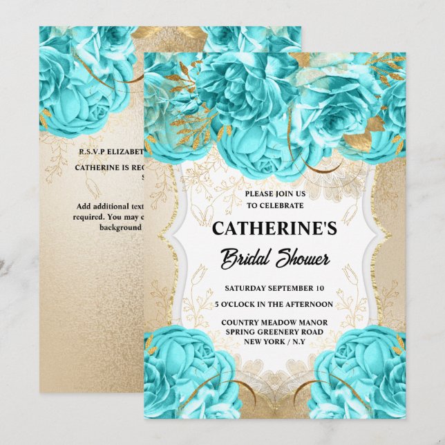 Goldblaue Rose Aquarell Brautparty Chic Einladung (Vorne/Hinten)