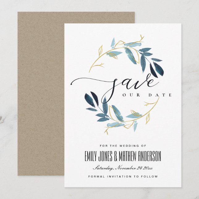 GOLDBLUE FOLIAGE WATERCOLOR-GEWICHT EINLADUNG (Vorne/Hinten)