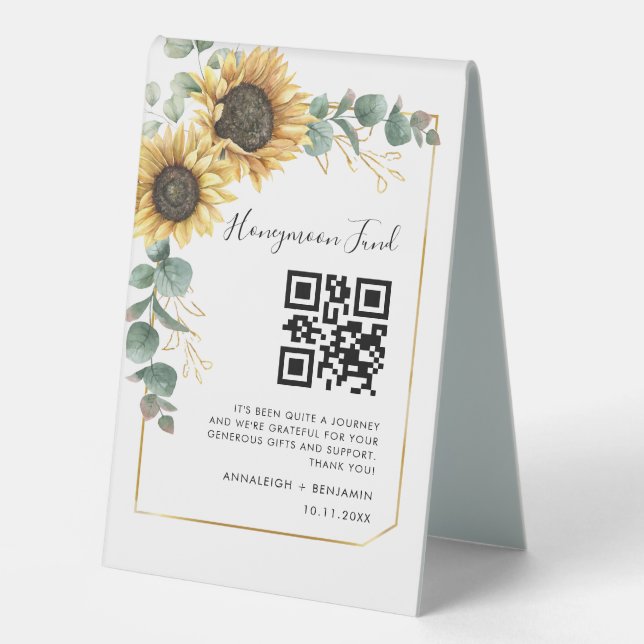 Goldblume Eukalyptus Honeymoon Fund QR Code Tischaufsteller (Vorderseite)