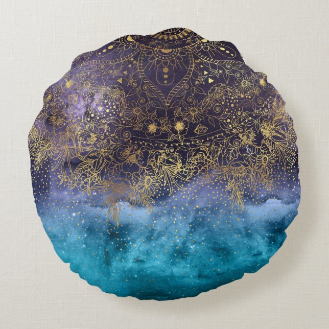 GoldblumenMandala- und -Confettibild Rundes Kissen (Rückseite)