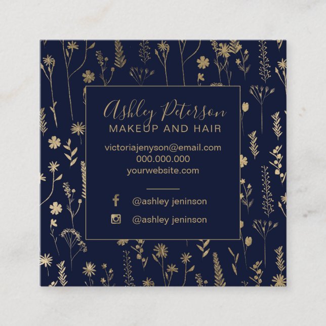 Goldblumenmarineblau-Haarmake-uptypographie Quadratische Visitenkarte (Vorderseite)