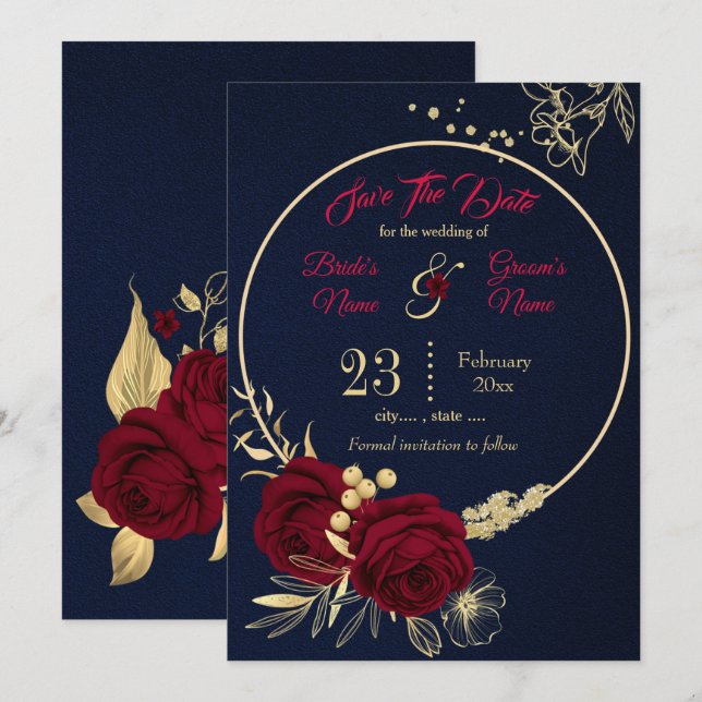 goldblütenblau, elegant bordeauxrot save the date (Vorne/Hinten)