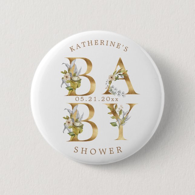 Goldblütenbriefe Babydusche-Monogramm-Taste Button (Vorderseite)