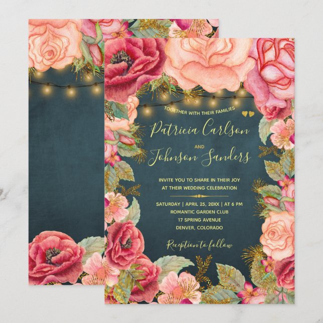 Goldblütler und Lichter auf Hochzeiten Einladung (Vorne/Hinten)