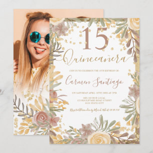 Goldbraune florale Wasserfarbe Quinceanera-Foto Einladung