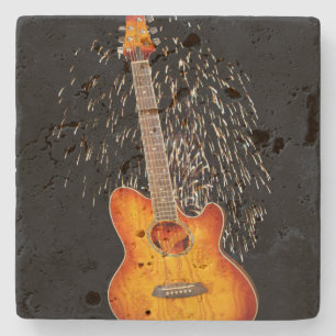 goldbraune Gitarre mit Feuerwerken, Steinuntersetzer