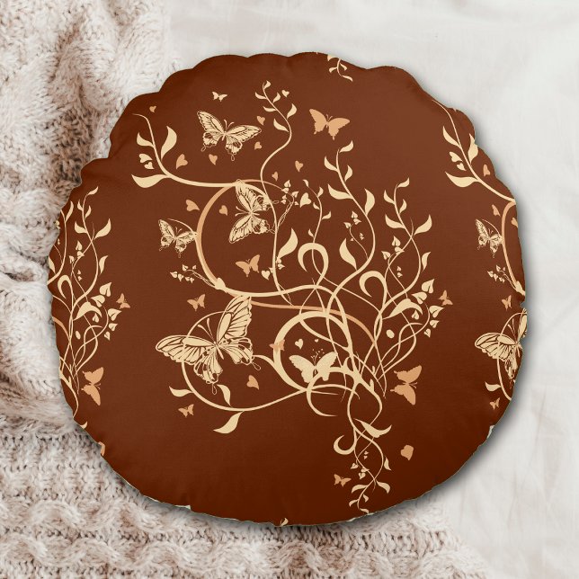 Goldbrauner Schmetterling Swirl Rundes Kissen (Von Creator hochgeladen)