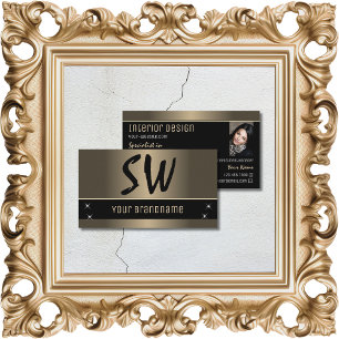 Goldbrauner Schwarz Stilvoll mit Monogramm und Fot Visitenkarte