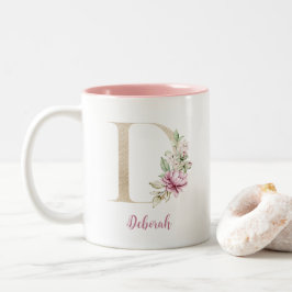 Goldbrief D, Monogramm D, rosa Blumengeschenk ihr Zweifarbige Tasse