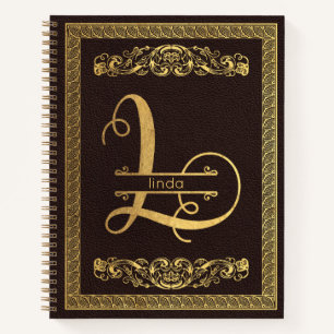 Goldbrief L & Name auf Braunleder Mit Monogramm Notizbuch