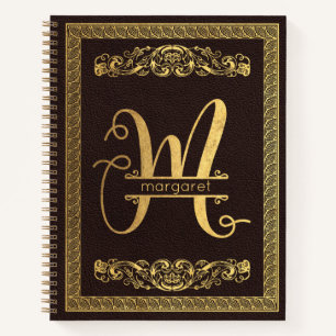 Goldbrief M und Name auf Braunleder Mit Monogramm Notizbuch