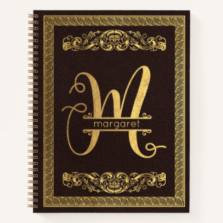 Goldbrief M und Name auf Braunleder Mit Monogramm Notizbuch