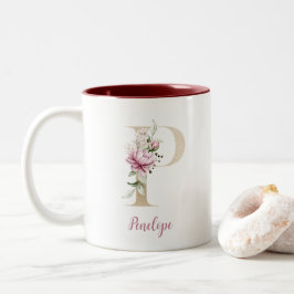 Goldbrief P, Monogramm P, rosa Blumengeschenk ihr Zweifarbige Tasse