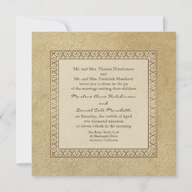 Goldbrokade Damask Florentiner Elegante Hochzeit Einladung (Vorderseite)