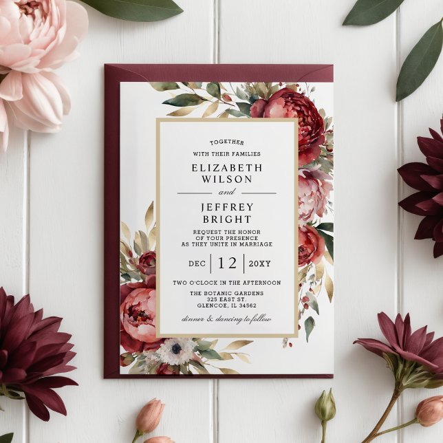 Goldburgunder Blush Bloral Wedding (Budget Elegant Gold Burgundy Blush Floral Wedding Invitation)