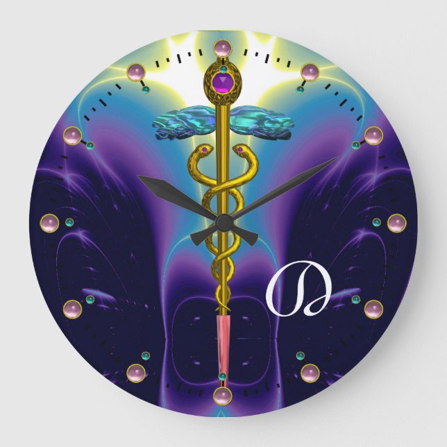 GOLDCADUCEUS medizinisches Symbol-blaues lila Große Wanduhr (Vorderseite)