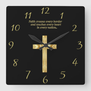Goldchristliches Glaubenkreuz mit lustigem Quadratische Wanduhr