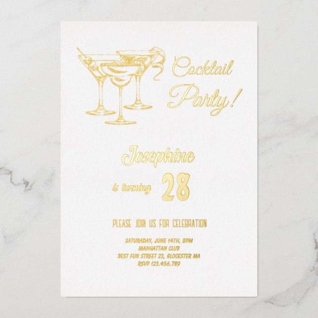 Goldcocktail Geburtstagsparty Folieneinladung (Vorderseite)