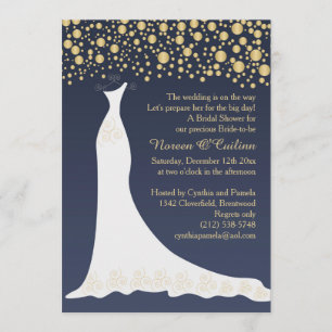 Goldconfetti, Hochzeitskleid auf blauem Brautparty Einladung