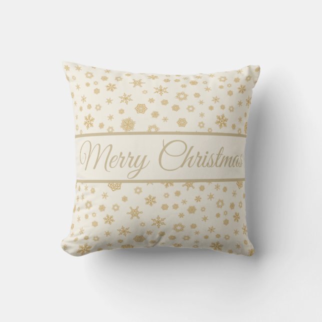 Goldcreme Schneeflocken Frohe Weihnachten Kissen (Vorderseite)