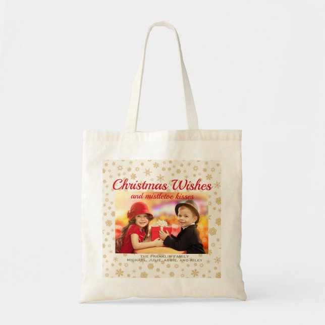 Goldcreme Weihnachtsschneeflocken Foto Geschenk Tragetasche (Vorne)