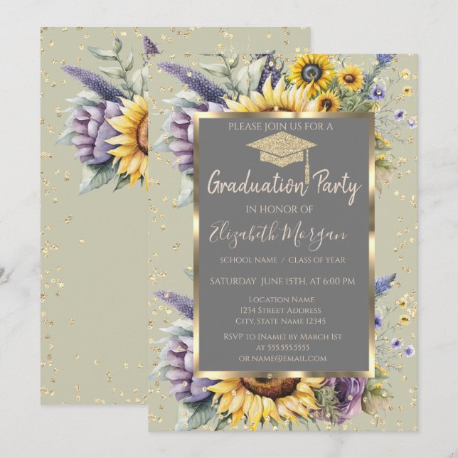 Golddiamanten Sonnenblumen Violett Blume Abschluss Einladung (Vorne/Hinten)