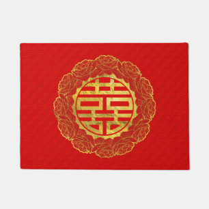 Golddoppeltes Glück-Symbol im Pfingstrosen-Rahmen Fußmatte