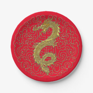 Golddrache auf chinesischem traditionellem Muster Pappteller