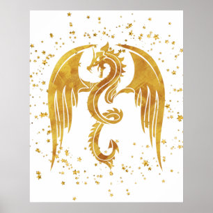 Golddrache im Sternenposter vor weißem Hintergrund Poster