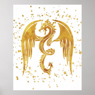 Golddrache im Sternenposter vor weißem Hintergrund Poster