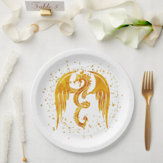 Golddrache in den Tellern des Sternenpapiers Pappteller