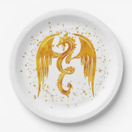 Golddrache in den Tellern des Sternenpapiers Pappteller