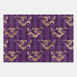 Golddrachen auf Lila Geschenkpapier Set