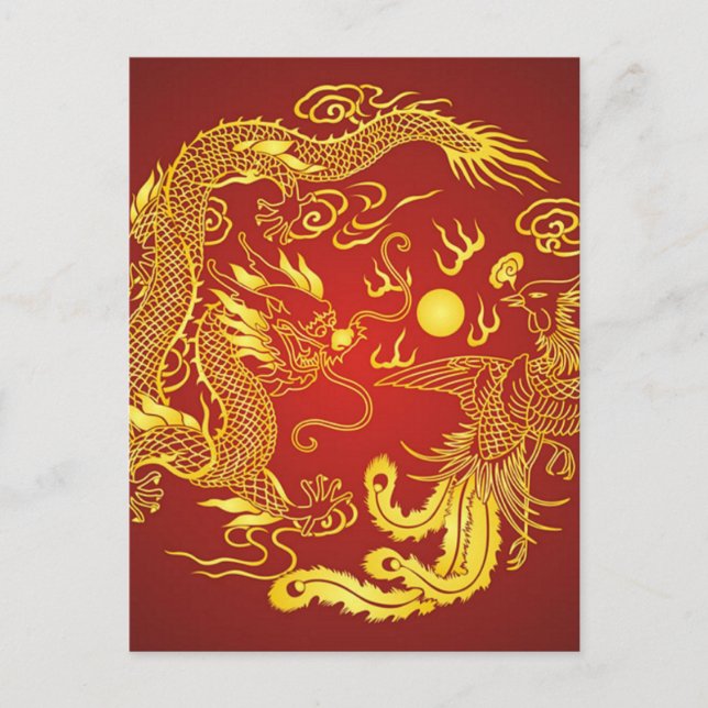 Golddragon Phoenix Chinesische Gastgeschenk Hochze Postkarte (Vorderseite)