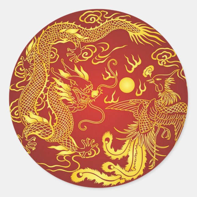 Golddragon Phoenix Chinesische Gastgeschenk Hochze Runder Aufkleber (Vorderseite)
