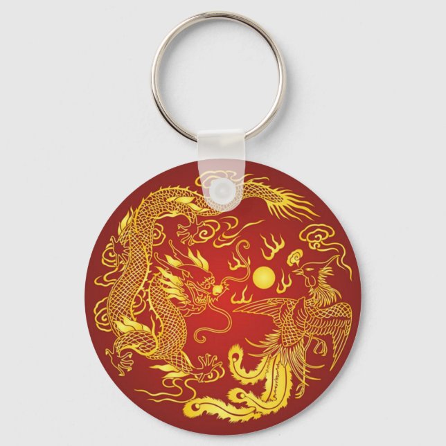 Golddragon Phoenix Chinesische Gastgeschenk Hochze Schlüsselanhänger (Vorderseite)