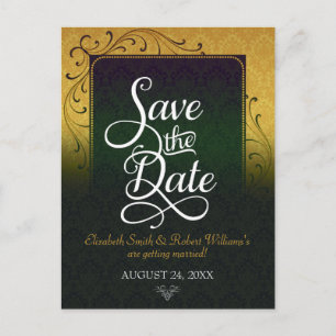 Golde Green Damask Elegante Save the Date Postkart Ankündigungspostkarte