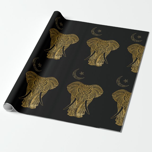Goldelefone auf schwarzem Papier Geschenkpapier (Ungerollt)