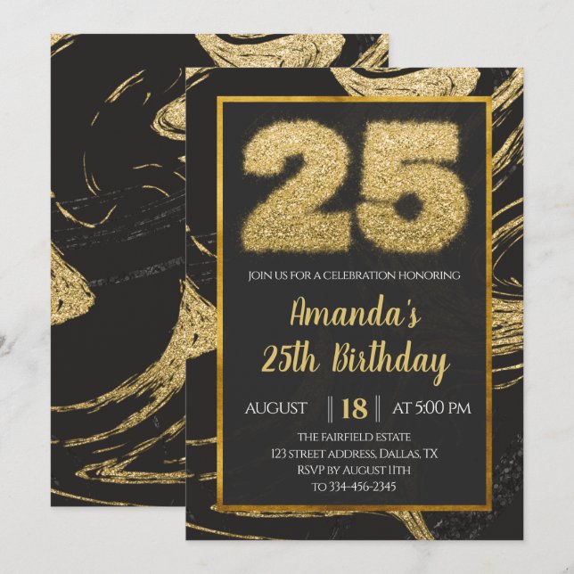 Golden 25. Geburtstag Einladung (Vorne/Hinten)