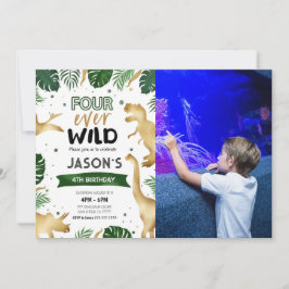 Golden 4. Dinosaur Geburtstagsparty Foto Einladung