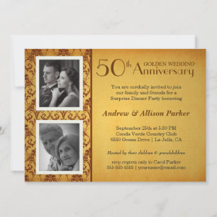 Golden 50 Jahre Jubiläum Damask 2 Fotos Einladung