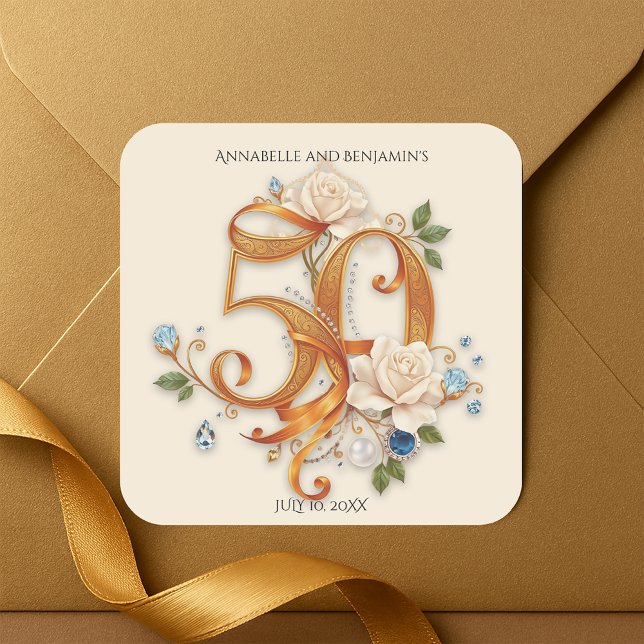 Golden 50 Jahre Rose und Edelsteine Quadratischer Aufkleber (Von Creator hochgeladen)