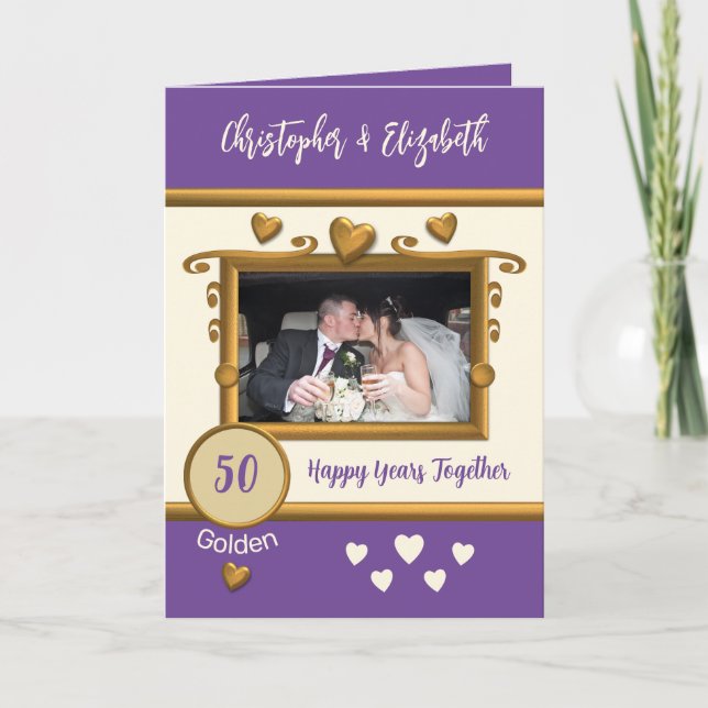 Golden 50. Jubiläum Foto-Namen lila Karte (Vorderseite)